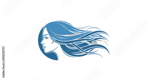 Elegant Woman with Flowing Blue Hair in Profile.
