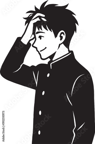  Adult Boy ran his finger through his hairs and wear a japanese casual suit and stand in a side with cute smile in black and white silhouette vectors with transparent background 