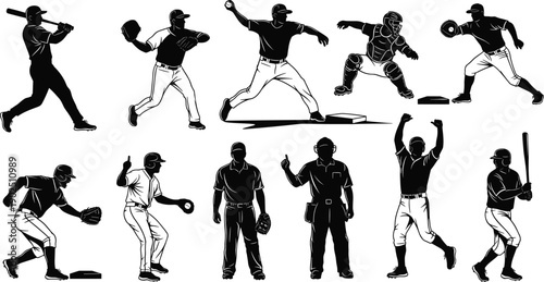 Baseball player and umpire icon set, sports silhouette, action pose, batting, pitching, catching, vector illustration, black pictogram, athletic movement, game