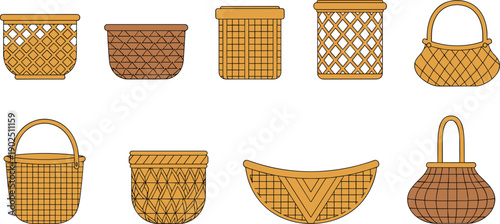 Wicker basket silhouettes collection isolated vector illustration woven handmade containers rustic storage craft design elements set