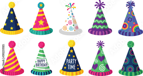 Colorful birthday party hats collection, festive cone caps with patterns, celebration accessories isolated for events and decorations