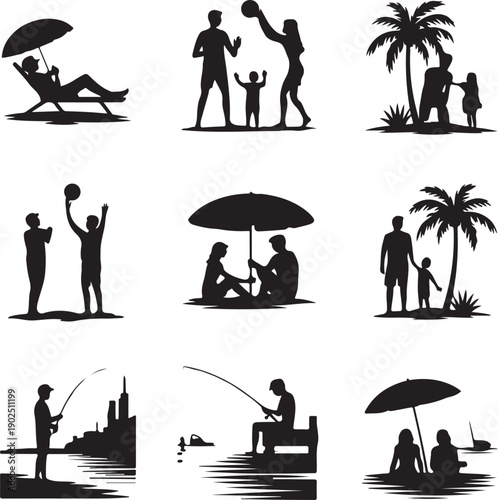 Set of vector various summer beach silhouettes