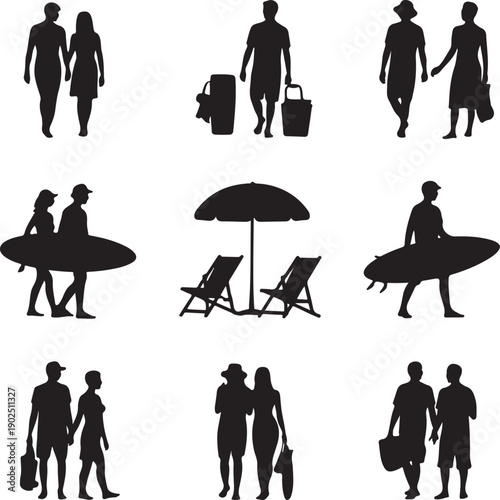 Set of vector various summer beach silhouettes