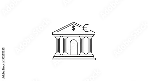 Line art bank building icon with dollar and euro currency symbols representing finance and global economy on an isolated white background.