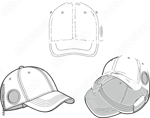 Black and white line of a baseball cap with detailed construction lines and shading line black and white