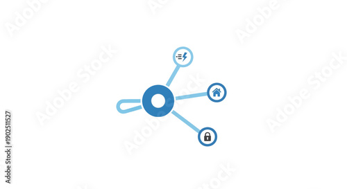 Decentralized Network Diagram Icon with House, Lock, and Currency Symbols, Representing IoT, Smart Home, and Digital Security, isolated white background.