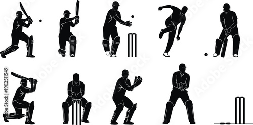 Cricket player silhouette icon set, batsman swing, bowler action, wicketkeeper catch, fielder dive, vector illustration, black pictogram, sport, game