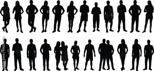 WebSilhouette diverse people standing in rows, human figures illustration, crowd concept, diversity representation, anonymous individuals, teamwork unity, community presence, posture variation