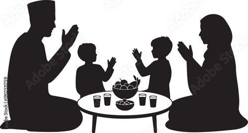 Silhouette of Muslim family sitting together breaking fast at iftar vector illustration