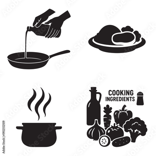 Simple icons representing cooking and food preparation, from ingredients to finished meals.