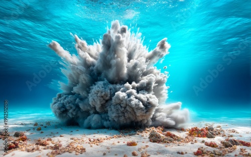 Underwater Volcanic Eruption Creating Ash Plumes in a Vibrant Aquatic Environment