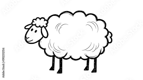 Simple Line Drawing of a Fluffy Sheep Standing Proudly.