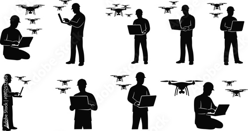 Drone operator silhouette icon set, laptop control, aerial monitoring, remote pilot, vector illustration, black pictogram, technology, flight, research, automation