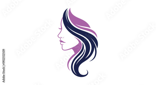 Elegant womans profile with flowing hair in purple and black tones.