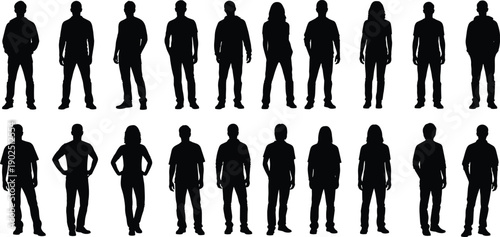 Standing people silhouettes collection isolated vector illustration men and women group human figures diverse casual poses set
