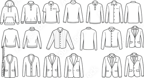 Men fashion line art illustration set featuring casual and formal tops, sweaters shirts jackets blazers, clean outline vector collection