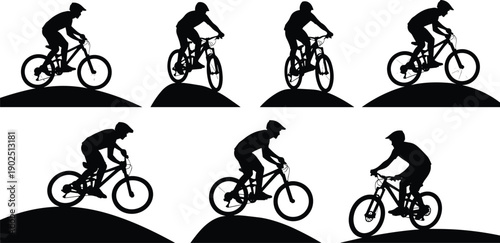 Black silhouettes of cyclists riding bikes over hills bicycle rider