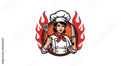 Female Chef Holding Spatula and Knife Ready to Cook.