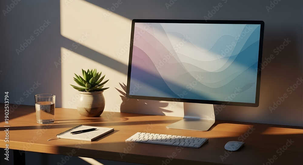 Fototapeta premium Minimal Desktop Setup with Computer Monitor, Succulent Plant and Warm Sunlight
