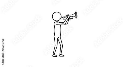 Stick Figure Playing Trumpet, Simple Outline Illustration on Isolated White Background.