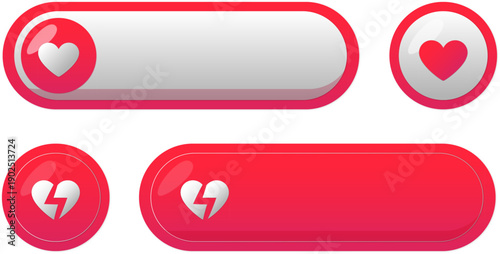 Love Heart Button UI Set, Modern Red Social Media Like and Broken Heart Interface Elements