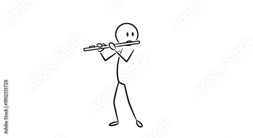 Melodic Stick Figure Person Playing Flute in a Bright Studio with Graceful Poise