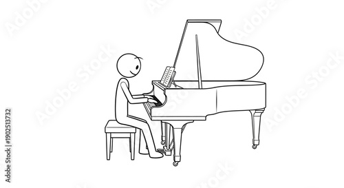 Focused Stick Figure Person Playing Grand Piano in a Bright Studio with Calm Expression