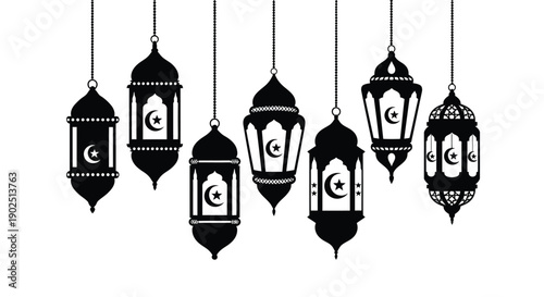 Elegant hanging lanterns create a festive islamic decorative silhouette