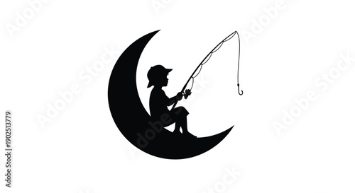 A child fishing from a crescent moon a dreamy night scene silhouette