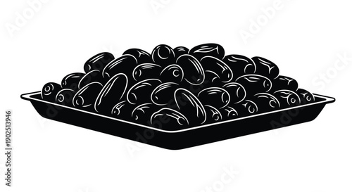 A black and white illustration of olives on a tray silhouette