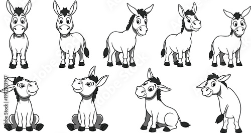 Cartoon donkey illustration set with expressive faces, standing and sitting poses, humorous design, vector artwork, editable, isolated animal character graphic