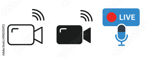 Collection of streaming and live broadcast icons representing video recording transmission and active audio broadcasting signals
