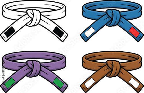 Karate Belt Vector Set White, Blue, Purple, and Brown Martial Arts Ranks
