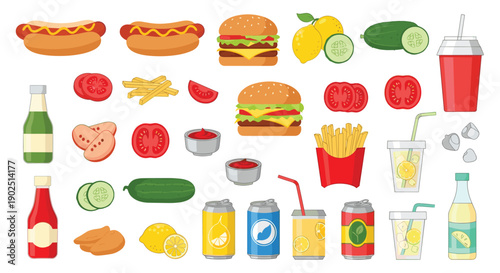 Large set of fast food and ingredient icons including burgers, hot dogs, fries, soda, vegetables, and condiments.
