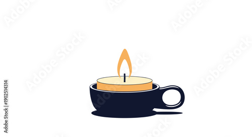Small burning tealight candle in a dark blue ceramic holder with a handle for simple and peaceful home lighting.