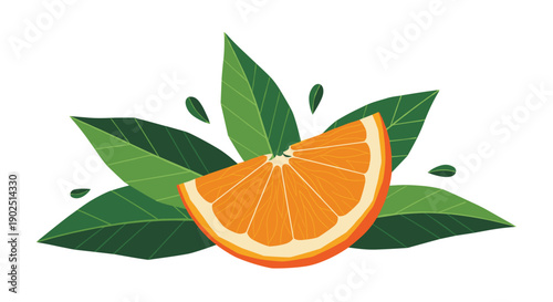 Juicy orange slice decorated with several dark green leaves and juice droplets for refreshing citrus food concept.