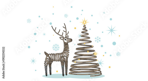 Artistic wire reindeer and spiral christmas tree figures under falling snow for modern and creative holiday decoration.