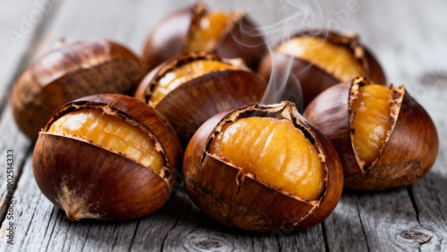 Delicious roasted edible chestnuts on grey table, closeup