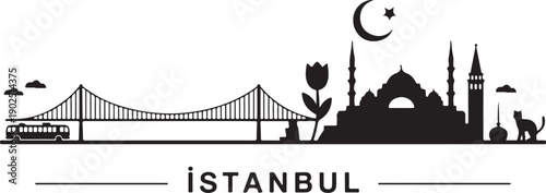 Vector panoramic illustration Istanbul with black silhouette of turkish symbols and landmarks of Turkey. Hand drawn elements Galata tower, bridge, tram, mosque. Horizontal banner or print design