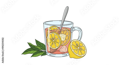 Refreshing fruit tea served in a glass mug with fresh lemon slices and ice cubes, accompanied by green leaves on the side.