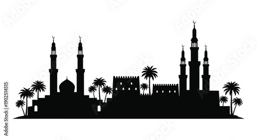 Black silhouette of a mosque and palm trees against a white background silhouette