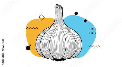 Single garlic bulb illustrated with detailed lines against a backdrop of colorful abstract geometric shapes for a modern culinary feel.