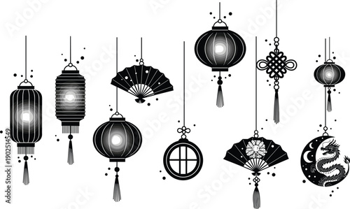 Black and white hanging chinese lanterns and fans hanging lanterns tassels dragon