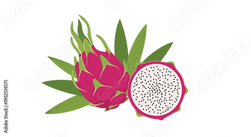 Whole pink dragon fruit and a cross section showing white flesh with black seeds, accompanied by green tropical leaves.
