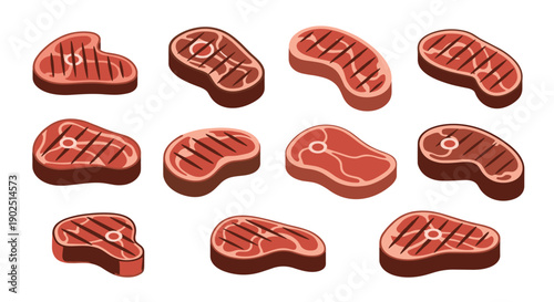 Set of twelve isometric grilled beef steaks with perfect sear marks, ideal for restaurant menus and steakhouse advertisements.
