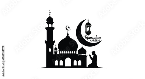 Ramadan mosque and crescent moon design with praying figure silhouette