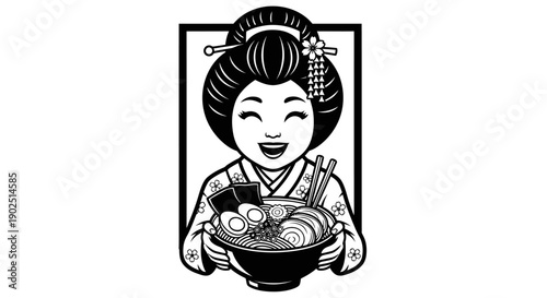 Happy Geisha Serving Delicious Ramen Bowl with Chopsticks.