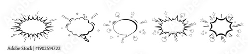 A diverse set of speech bubbles and thought clouds of various shapes for comics, conversations, and idea presentations. A collection of speech bubbles with elements of explosions from comics. Vector