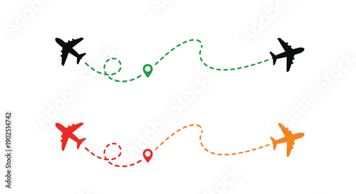 Airplane flight paths illustrated with dotted lines a travel concept silhouette