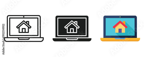 Collection of three different style laptop icons displaying a simple house symbol representing digital real estate services